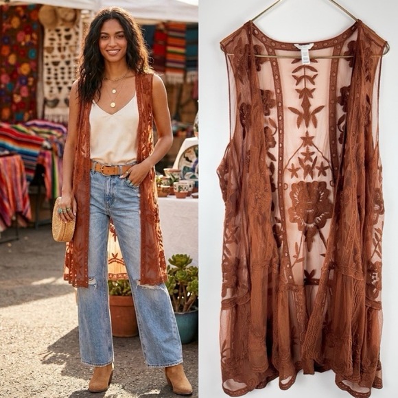 The Unbranded Brand Other - Kimono Boho Western Whimsigoth Sz 3X Floral Embroidered Sheer Duster